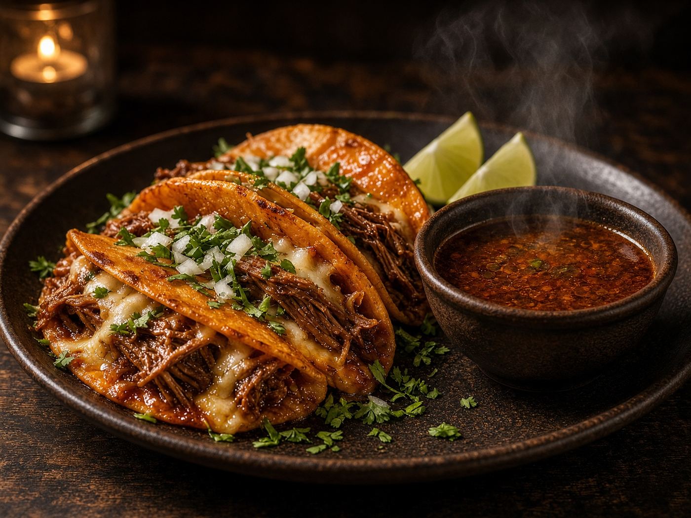 Birria tacos with consommé